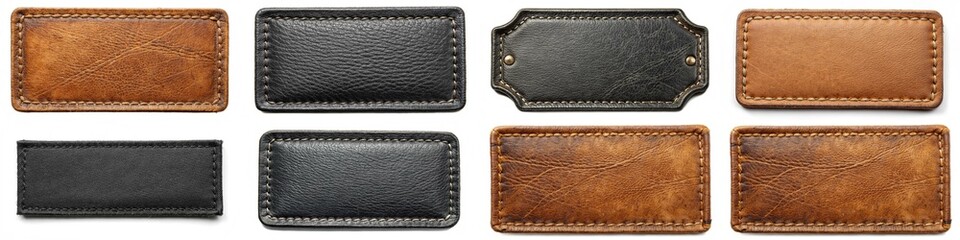 A collection of leather patches with different colors and designs. The patches are arranged in a row, with some being black and others brown. Scene is one of variety and creativity