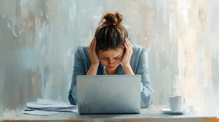 Worried user sitting at a desk, holding their head with both hands. Featuring mental exhaustion and emotional stress