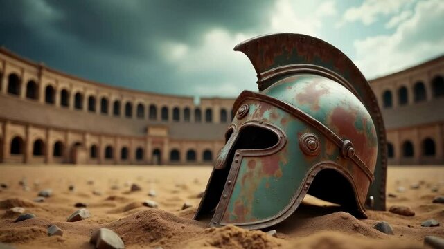 An ancient gladiator helmet resting on the sand of a grand ancient arena, under a brooding stormy sky