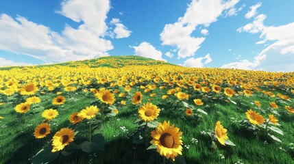 Obraz premium Scenic drive through a field of sunflowers, vivid yellows, bright sunlight, high contrast, joyful journey 