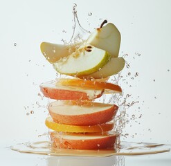 Naklejka na ściany i meble Fresh fruit slices in water splash, stacked high, studio shot