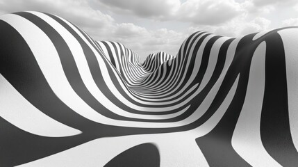 Abstract black and white wavy stripes landscape under cloudy sky.