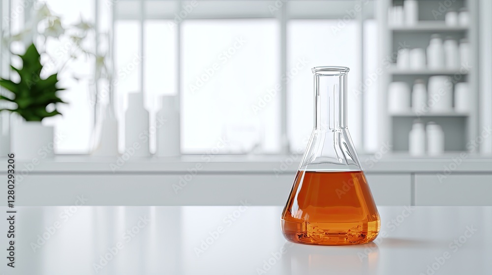 Poster a glass flask containing an orange liquid sits on a clean white table in a bright laboratory setting