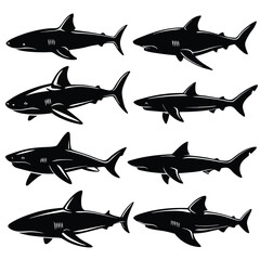 Shark Silhouette Vector Art: Black and White Shark Illustrations for Graphic Design, Marine Life, and Ocean Theme Projects