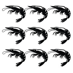 Black and White Shrimp Vector Illustration: Seafood Graphic Design of Prawns, Crustaceans, and Marine Life for Culinary and Restaurant Use