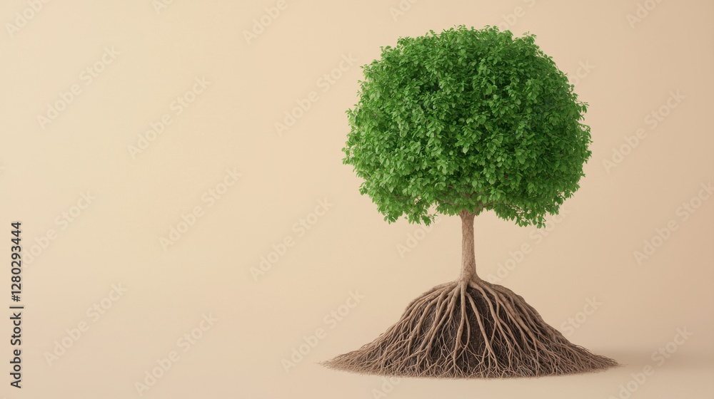 Poster globalization and environment concept. a small green tree with a rounded canopy and exposed roots on
