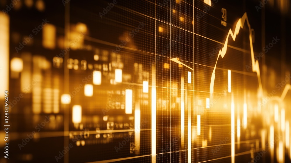 Poster abstract financial chart with glowing golden lines and bars representing market trends and data