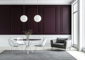 Modern dining room with burgundy walls, white chairs, and gray rug