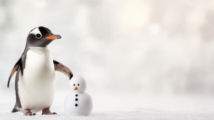 Obraz premium curious penguin builds tiny snowman in snowy landscape