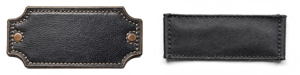 A black leather tag with a metal pin is shown next to a black patch of denim. The tag is rectangular and has a brown border. The denim patch is square and has a black and white design