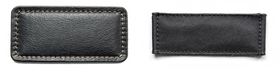 A black leather patch with a white background. The patch is rectangular in shape