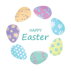 Easter card with eggs, patterns and text. Concept for spring holiday. Happy Easter.