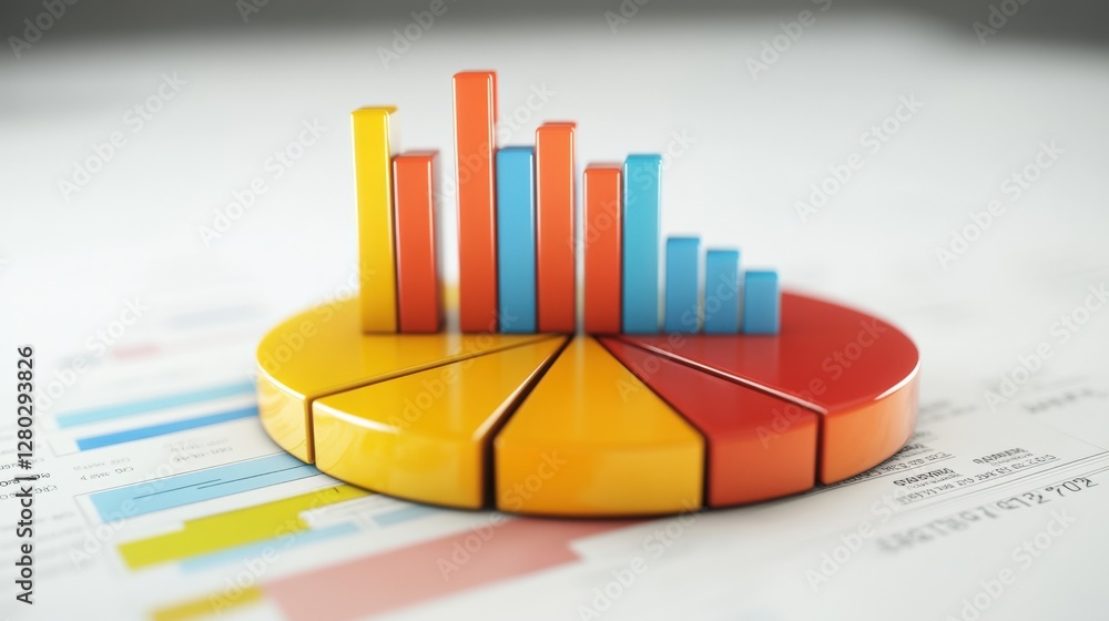 Poster colorful pie chart and bar graph representing data analysis on a clean workspace