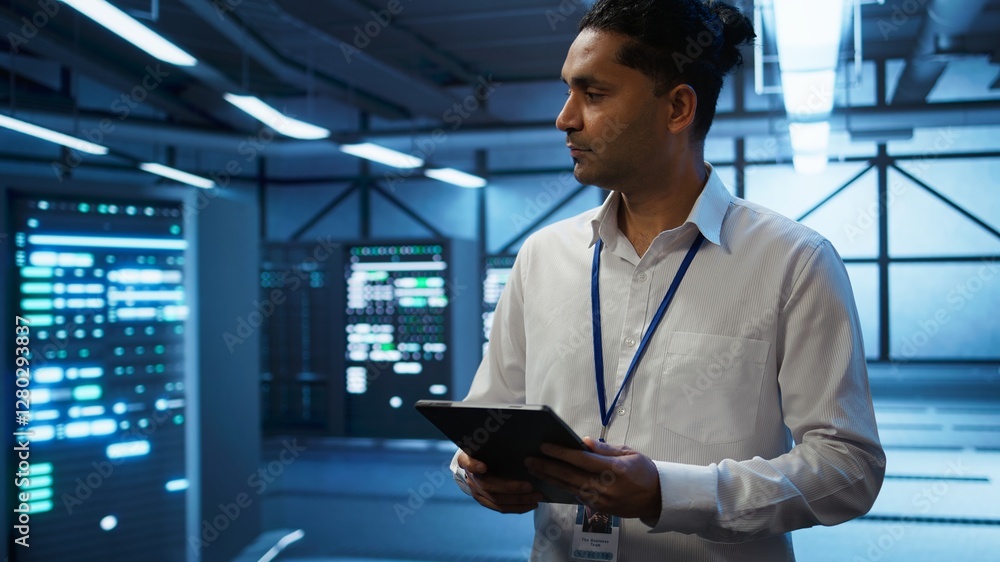 Poster programmer walking in high tech data center used for managing infrastructure energy consumption, wor