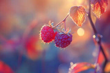 Two ripe raspberries on a branch at sunset.