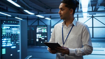 Fototapeta premium Programmer walking in high tech data center used for managing infrastructure energy consumption, working on tablet. Indian man using device in workspace used for automation in server farm, camera B
