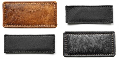 Four leather tags with different colors and textures. The tan tag is the most prominent and the black tag is the least visible