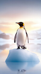 Fototapeta premium lone penguin standing on ice floe against serene background