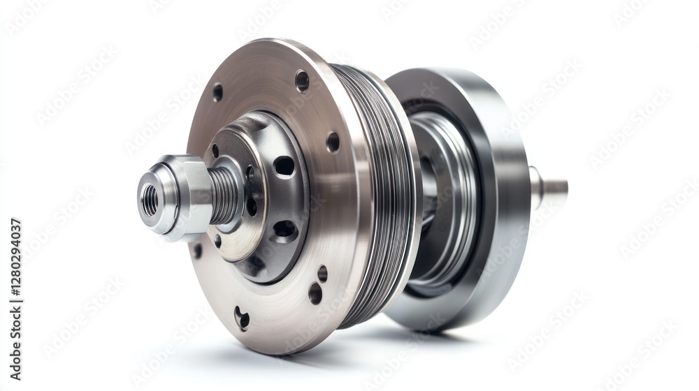 Poster close-up of a precision-engineered metal component, showcasing intricate details and metallic finish