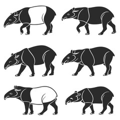 Tapir Vector Illustration: Black and White Silhouette Set of South American Mammals for Wildlife Conservation Design and Education