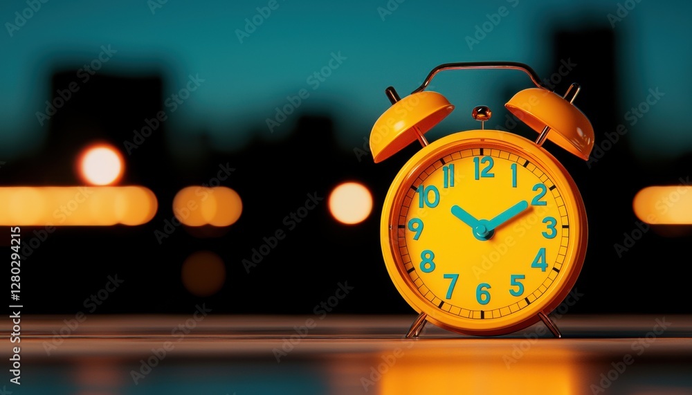 Poster globalization and environment concept. bright yellow alarm clock against a blurred night background 