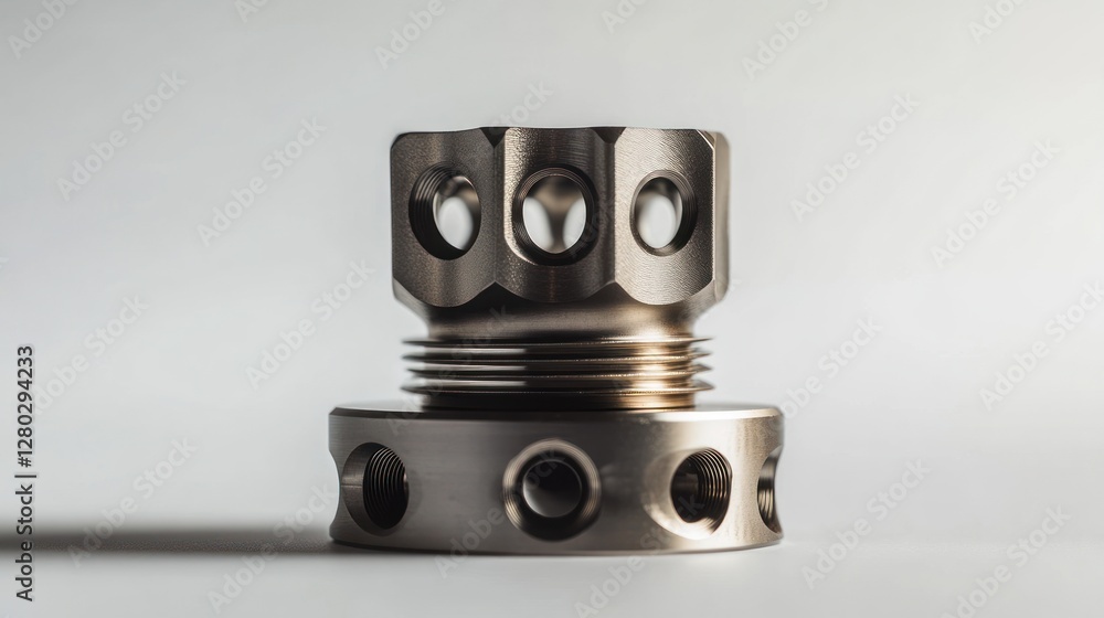 Aufkleber Close-up of a precision-machined metal part with intricate holes and threads, showcasing its metallic texture and industrial design.