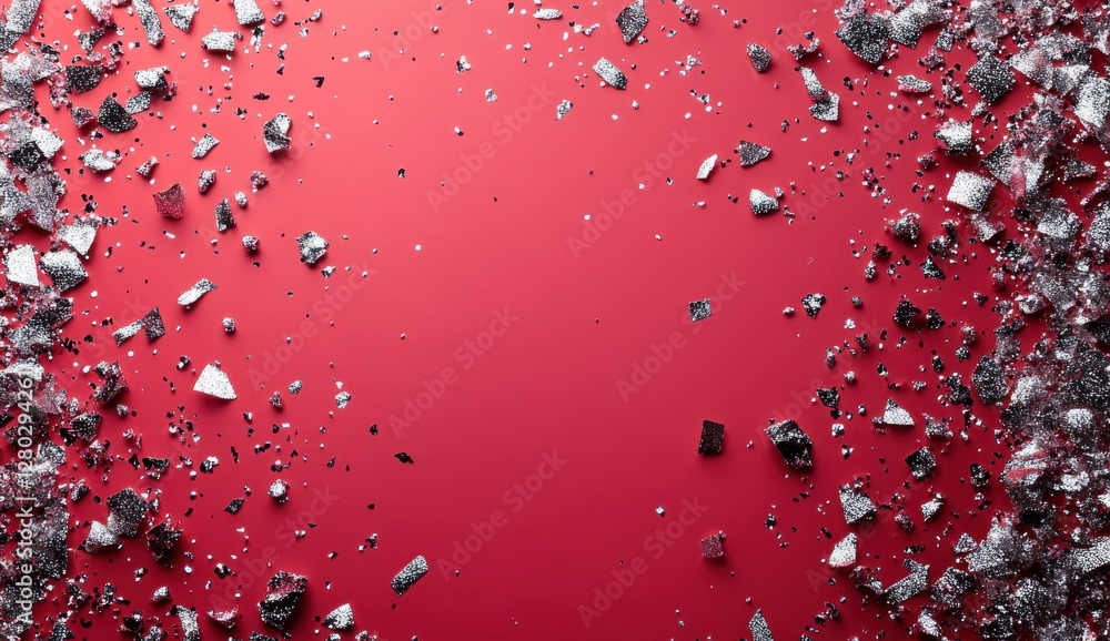Poster abstract composition featuring crushed metallic shards on vibrant red background, creating a dynamic