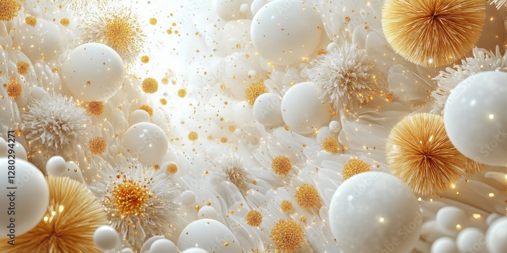 Poster abstract composition of soft organic shapes and textures resembling microscopic lifeforms in gold an