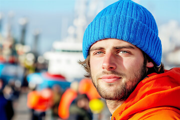 A portrait of a man in a blue winter hat and coat, with a smile on his face, set against a snowy background, showcasing warmth and joy in the winter season.