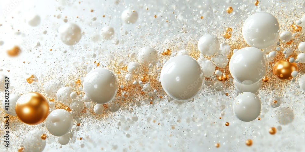 Poster abstract composition of white and gold spheres floating in a dreamlike environment with fine particl