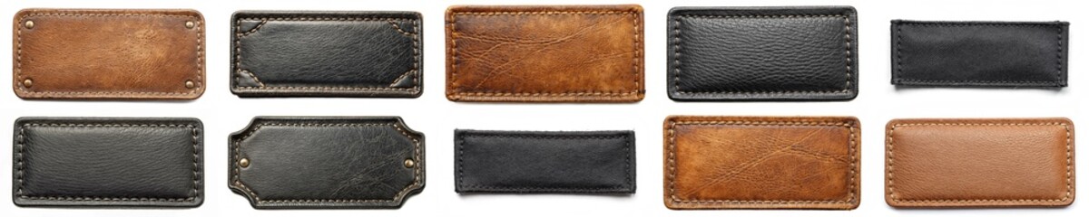 A collection of leather patches with different colors and designs. The patches are arranged in a row, with some being black and others brown. Scene is one of variety and creativity