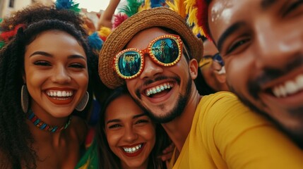 Fototapeta premium A group of people dressed in colorful attire, smile and pose for a selfie at a lively carnival event. Fictional Character Created By Generative AI