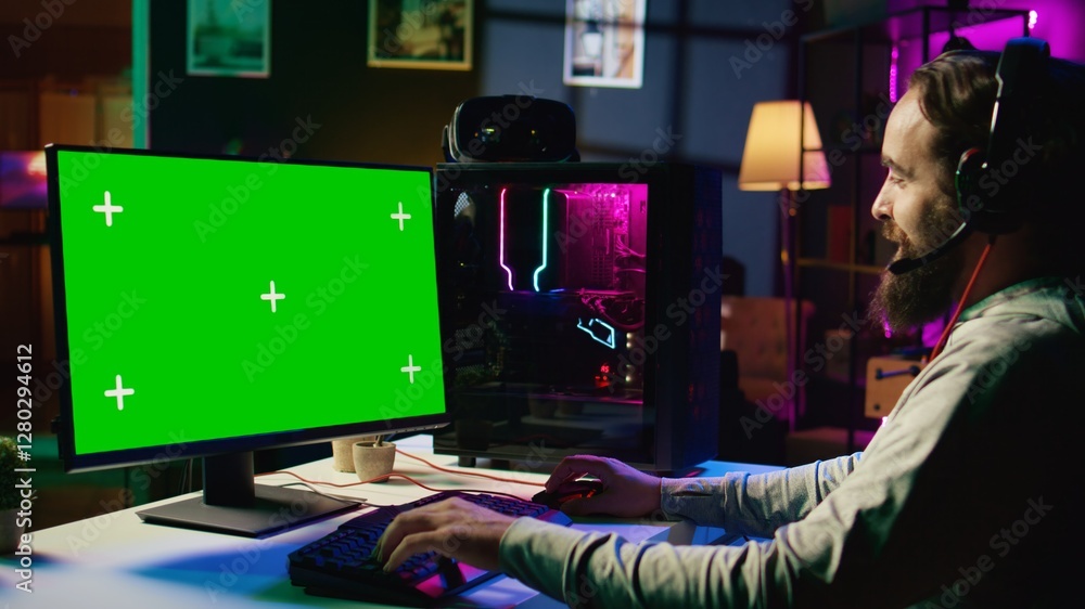 Poster man having fun by using green screen computer monitor to play singleplayer videogame. professional g