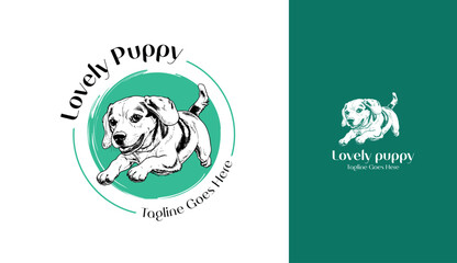 Logo of a cute jumping puppy dog suitable for pet business and dog lovers