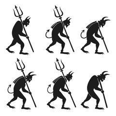 Devil Silhouette Vector Set: Cartoon Satan with Pitchfork, Horns, and Tail Graphics for Halloween, Evil, and Fantasy Designs