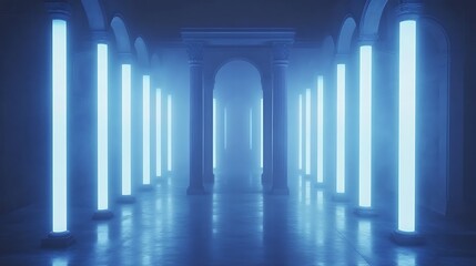 Glowing Columns Illuminate Classical Hallway
