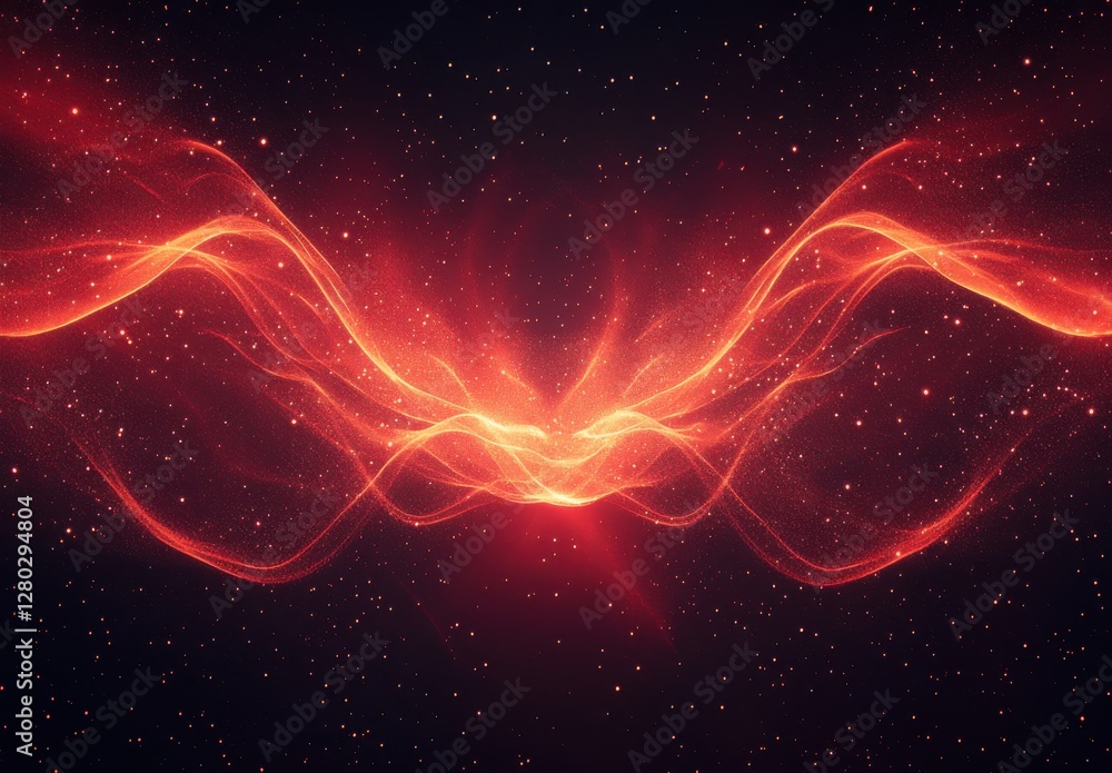 Aufkleber abstract digital art featuring glowing red waves and vibrant particles against a dark cosmic backgro