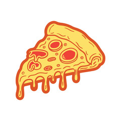 A simple black and white line drawing of a slice of pizza. The slice has a slightly curved crust, melted cheese dripping from the edges, and toppings such as pepperoni and a mushroom. The design is mi