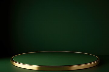 Empty gold-rimmed green circular podium on dark green background
