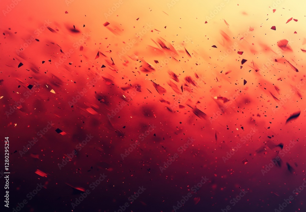 Poster Abstract explosion of vibrant red particles against a textured orange background creating a fiery and dynamic visual effect