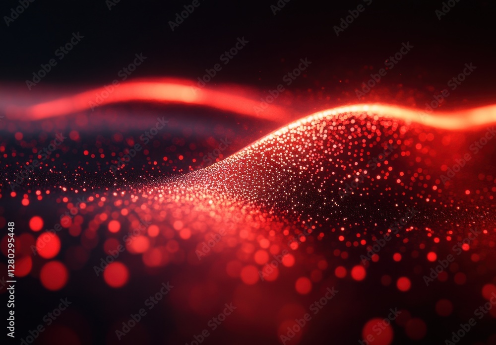 Poster abstract flow of red particles with soft glowing waves on black background in a digital light concep