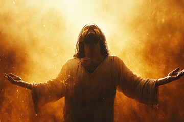 Messianic figure with arms spread wide amidst a mystical fiery glow, evoking a powerful spiritual presence