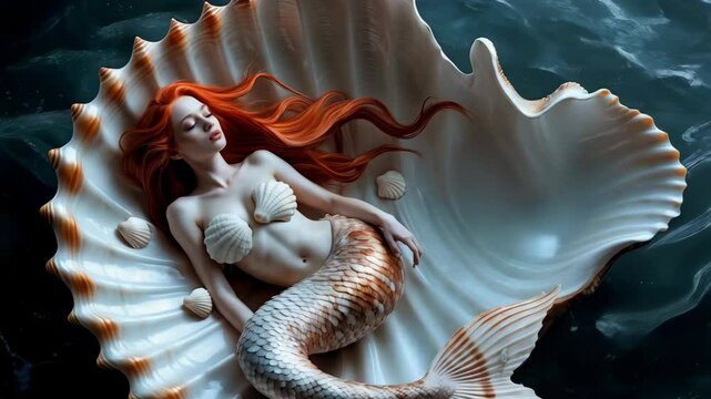 A mermaid with long, flowing red hair, lying inside a large, open seashell