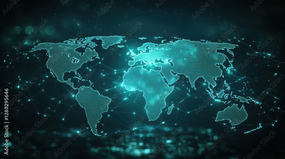 Poster globalization and environment concept. glowing world map with a digital, futuristic design in teal h