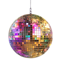 Disco ball with colorful reflections isolated on white background