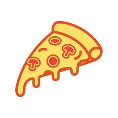 A simple black and white line drawing of a slice of pizza. The slice has a slightly curved crust, melted cheese dripping from the edges, and toppings such as pepperoni and a mushroom. The design is mi
