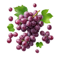 Fototapeta premium Purple grape clusters and leaves flying mid-air, isolate on white background. PNG.