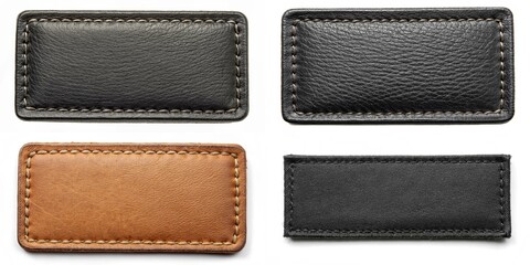 Four different colored leather patches with a black border. The patches are tan, black, brown, and white