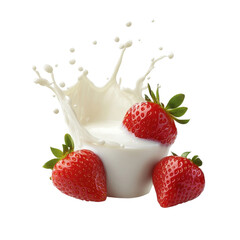 Strawberry splashing with milk, isolate on white background. PNG.