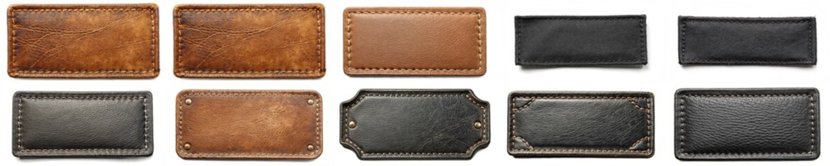 A collection of leather patches with different colors and patterns. The patches are arranged in a row, with some being brown and others black. Scene is one of variety and diversity